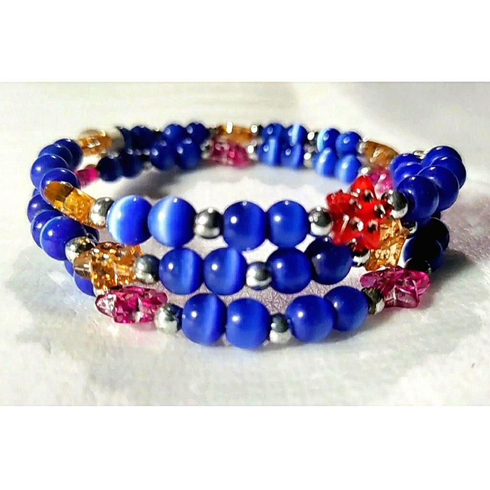 NEW Blue Glass Cats Eye Round Bead Silver Tone Memory Wire Wrap Bracelet/Choker!